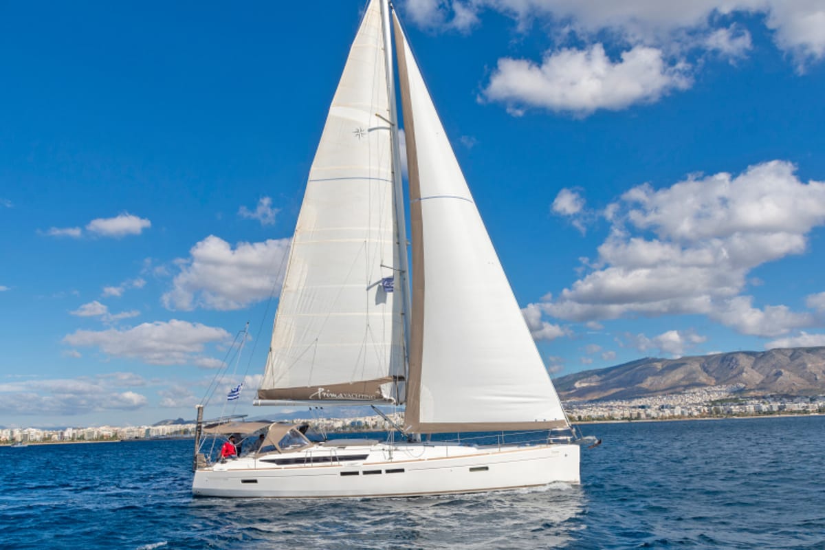 Exterior view of Promise, a Jeanneau Sun Odyssey 509 sailboat at Athens, Greece