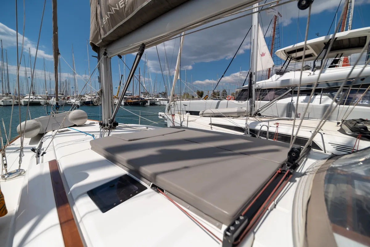 Deck of Promise, a Jeanneau Sun Odyssey 509 sailboat at Athens, Greece