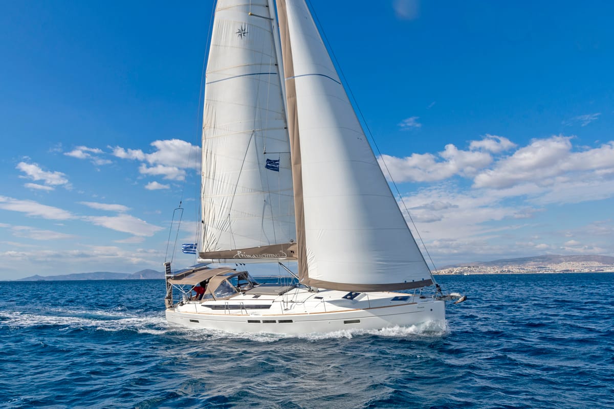 Exterior view of Promise, a Jeanneau Sun Odyssey 509 sailboat at Athens, Greece
