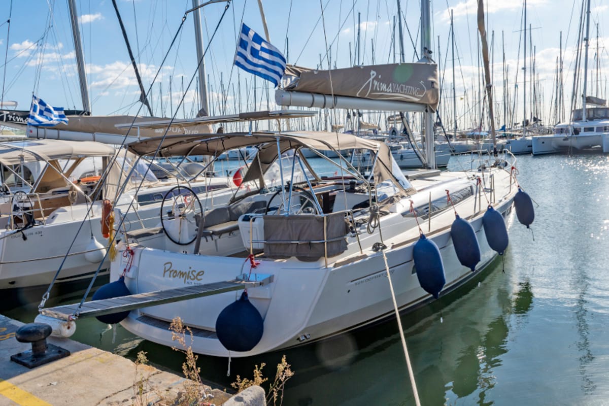 Cockpit of Promise, a Jeanneau Sun Odyssey 509 sailboat at Athens, Greece