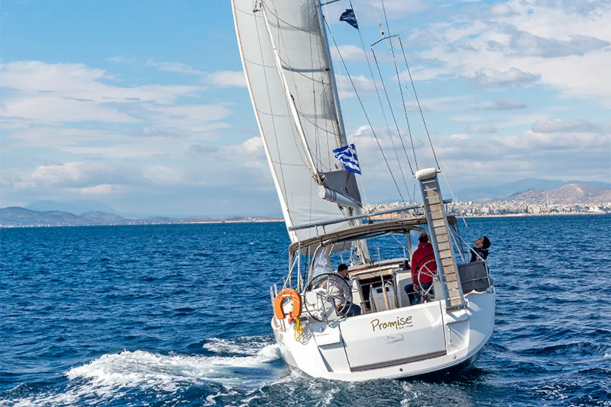 Exterior view of Promise, a Jeanneau Sun Odyssey 509 sailboat at Athens, Greece