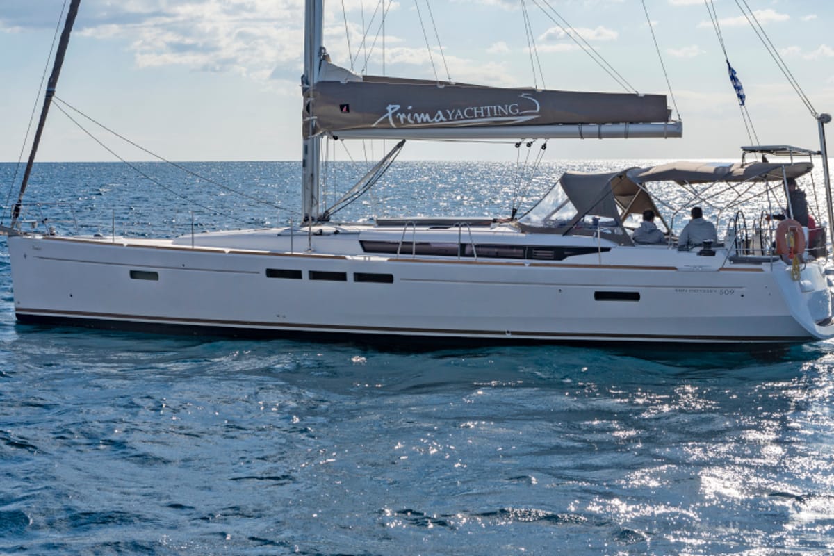 Exterior view of Promise, a Jeanneau Sun Odyssey 509 sailboat at Athens, Greece