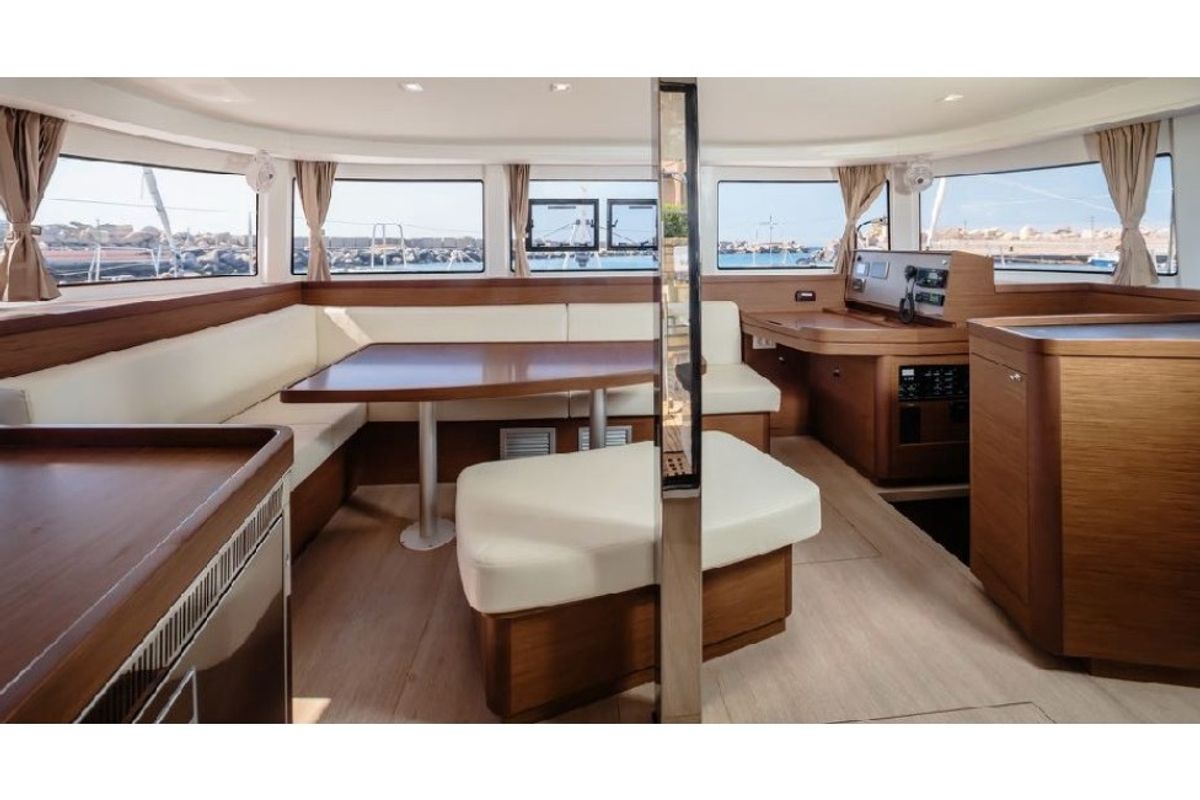 Salon of Capovento II, a Lagoon 42 catamaran at Capo d'Orlando, Italy
