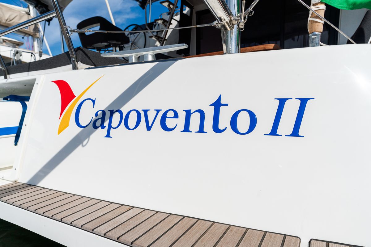 Exterior view of Capovento II, a Lagoon 42 catamaran at Capo d'Orlando, Italy