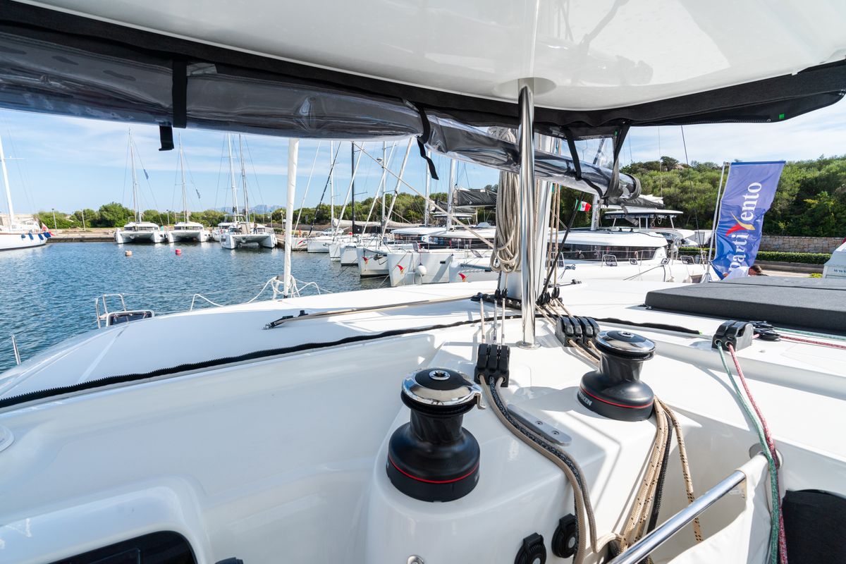 Deck of Capovento II, a Lagoon 42 catamaran at Capo d'Orlando, Italy