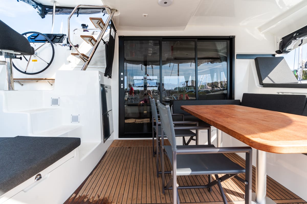 Deck of Capovento II, a Lagoon 42 catamaran at Capo d'Orlando, Italy