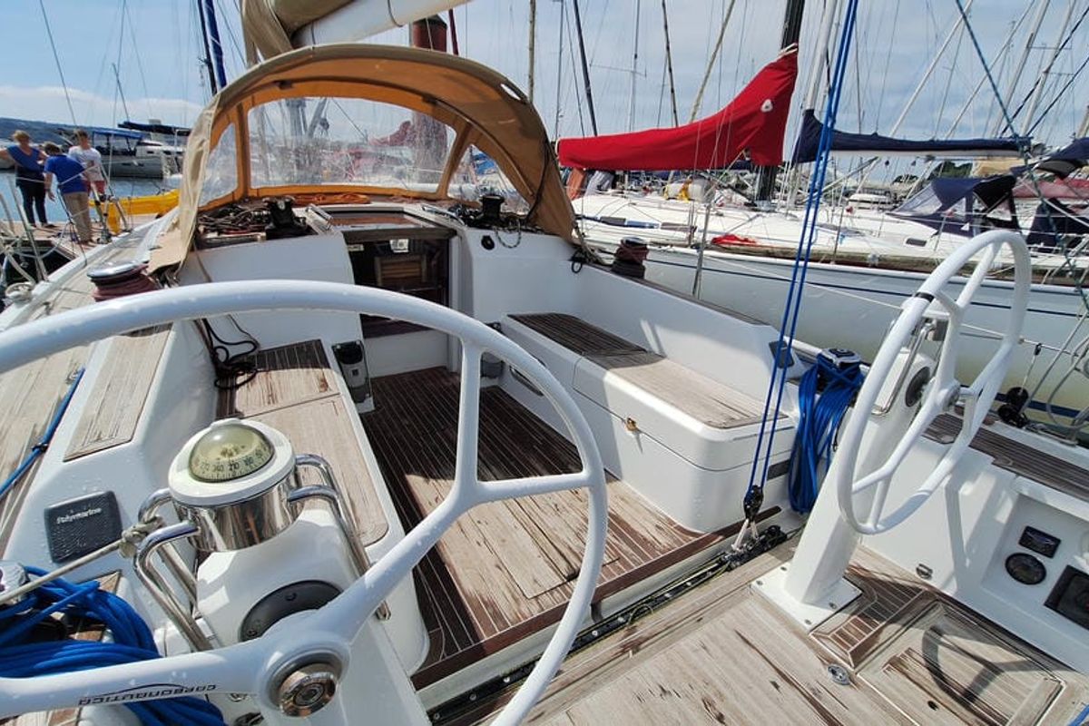 Deck of Placebo, a Cantiere Del Pardo (Grand Soleil) Grand Soleil 39 sailboat at La Rochelle, France