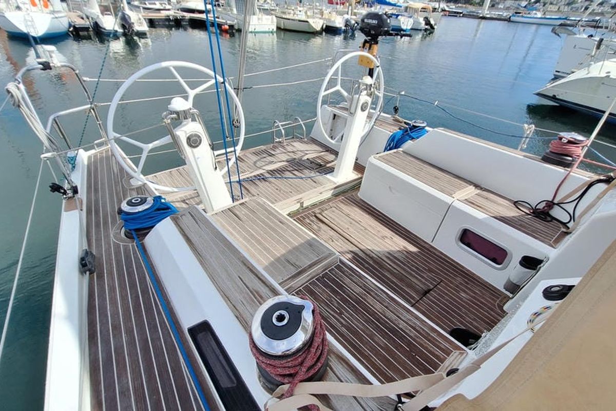 Deck of Placebo, a Cantiere Del Pardo (Grand Soleil) Grand Soleil 39 sailboat at La Rochelle, France