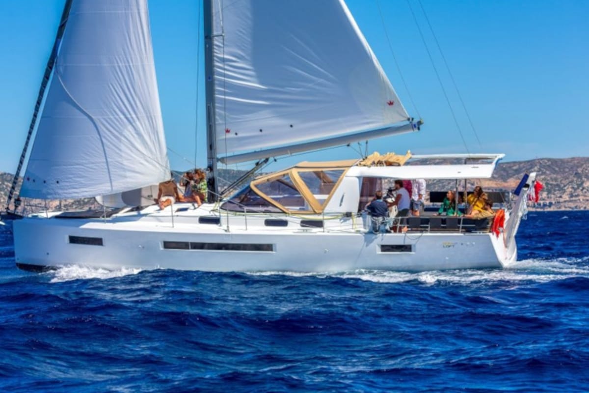 Exterior view of Sun Rise I, a Jeanneau Sun Loft 47 sailboat at Athens, Greece