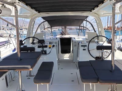 Cockpit of Sun Rise I, a Jeanneau Sun Loft 47 sailboat at Athens, Greece