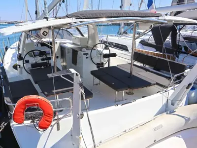 Deck of Sun Rise I, a Jeanneau Sun Loft 47 sailboat at Athens, Greece
