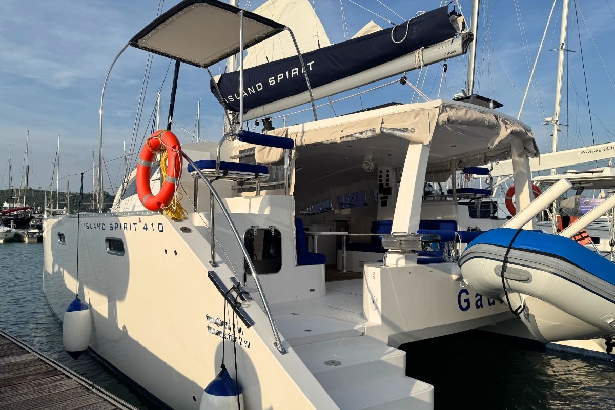 Exterior view of Gauthai, a Island Spirit Yachts Island Spirit 410 catamaran at Mai Khao, Thailand