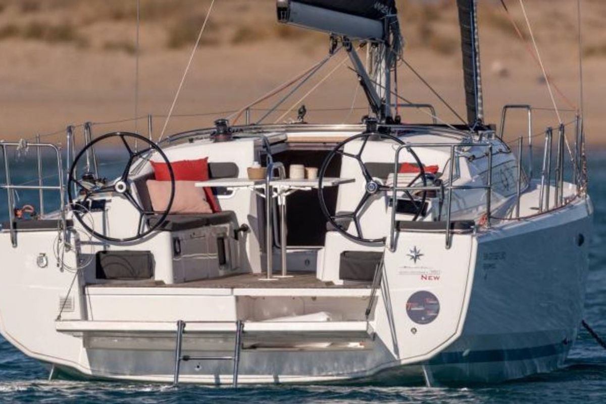 Deck of Sunsail 38.0 Premium, a Jeanneau Sun Odyssey 380 sailboat at Cannigione, Italy