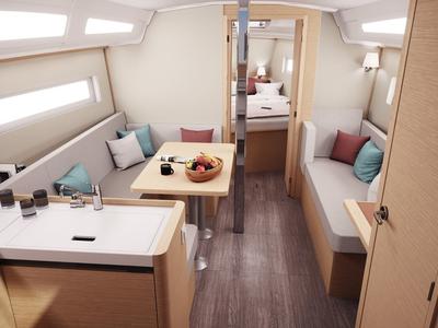 Salon of Sunsail 38.0 Premium, a Jeanneau Sun Odyssey 380 sailboat at Cannigione, Italy