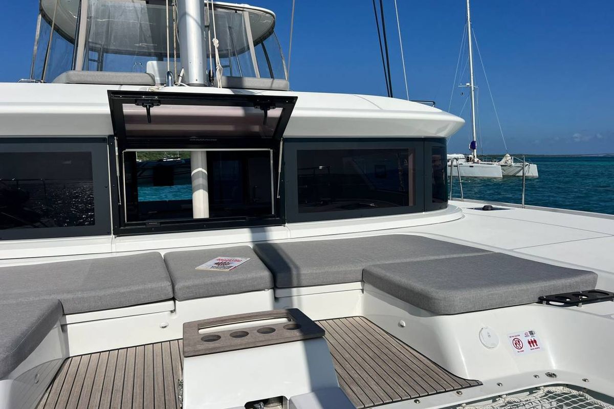Deck of Nowo, a Lagoon 51 catamaran at Eden Island Marina, Seychelles