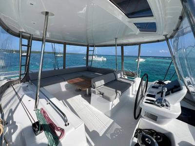 Cockpit of Nowo, a Lagoon 51 catamaran at Eden Island Marina, Seychelles