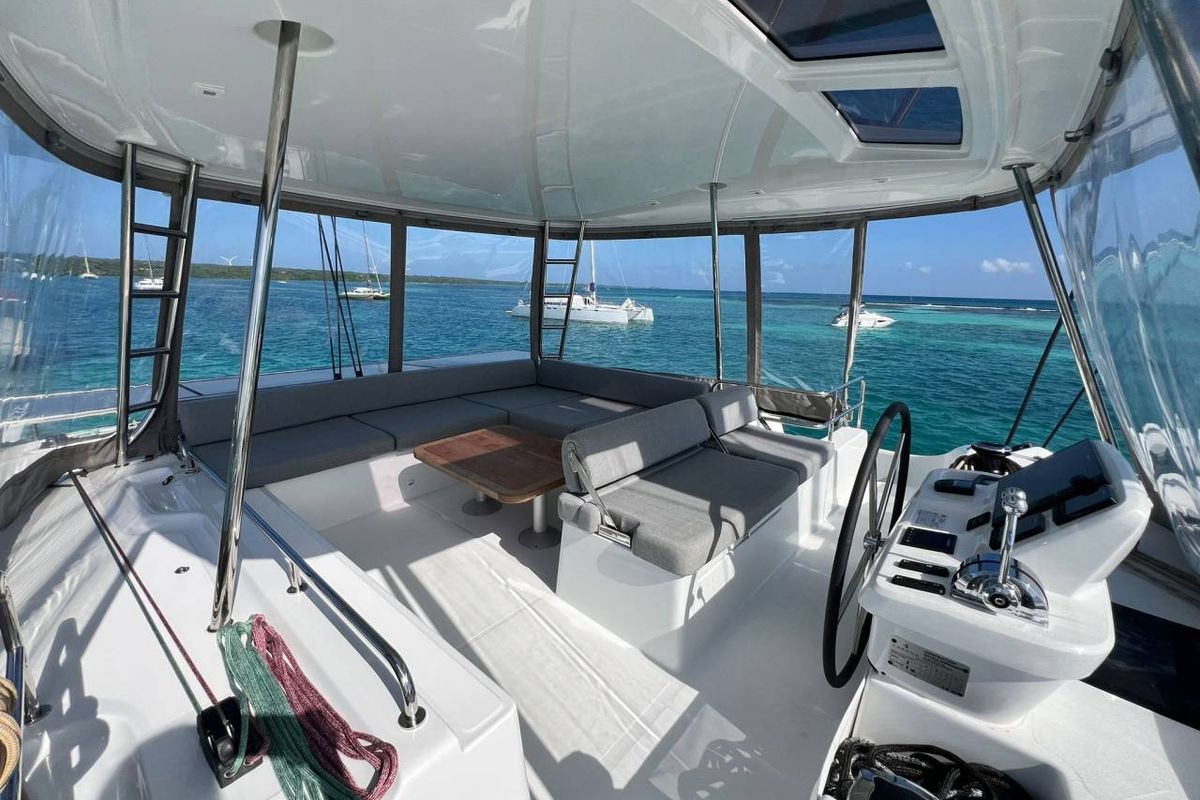 Cockpit of Nowo, a Lagoon 51 catamaran at Eden Island Marina, Seychelles