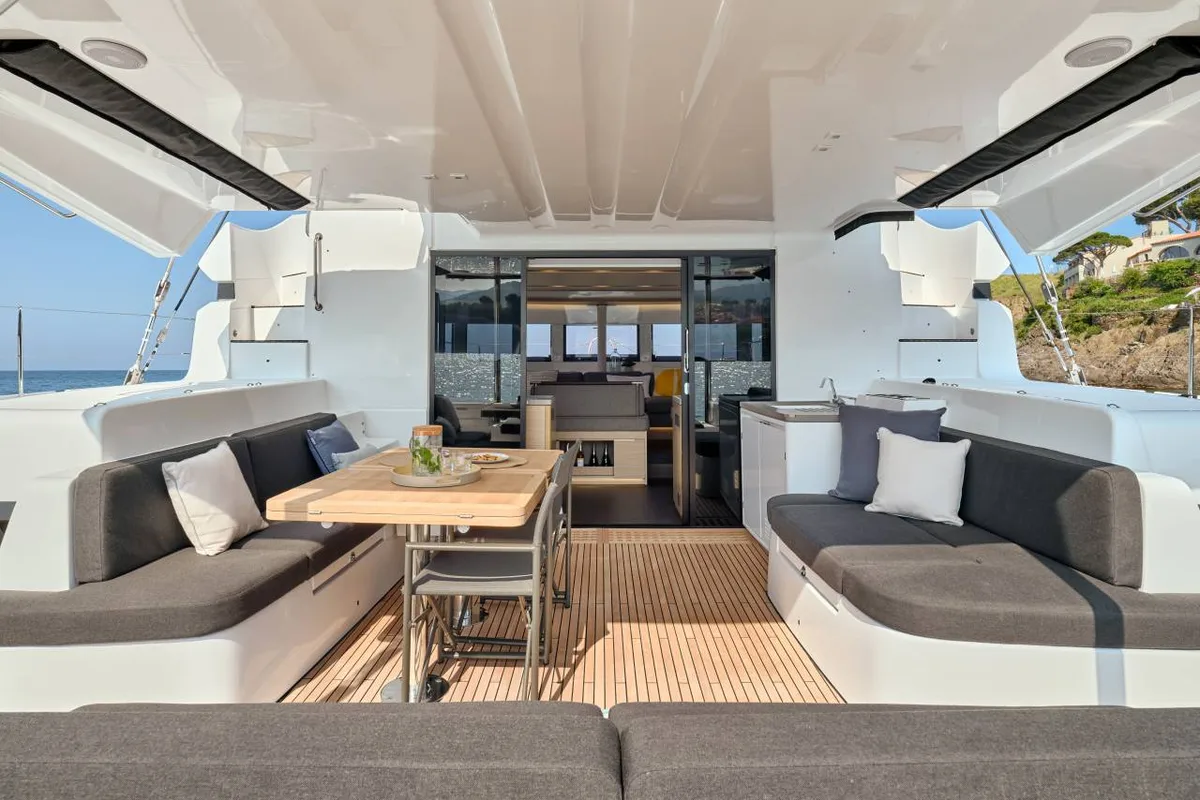 Deck of Nowo, a Lagoon 51 catamaran at Eden Island Marina, Seychelles