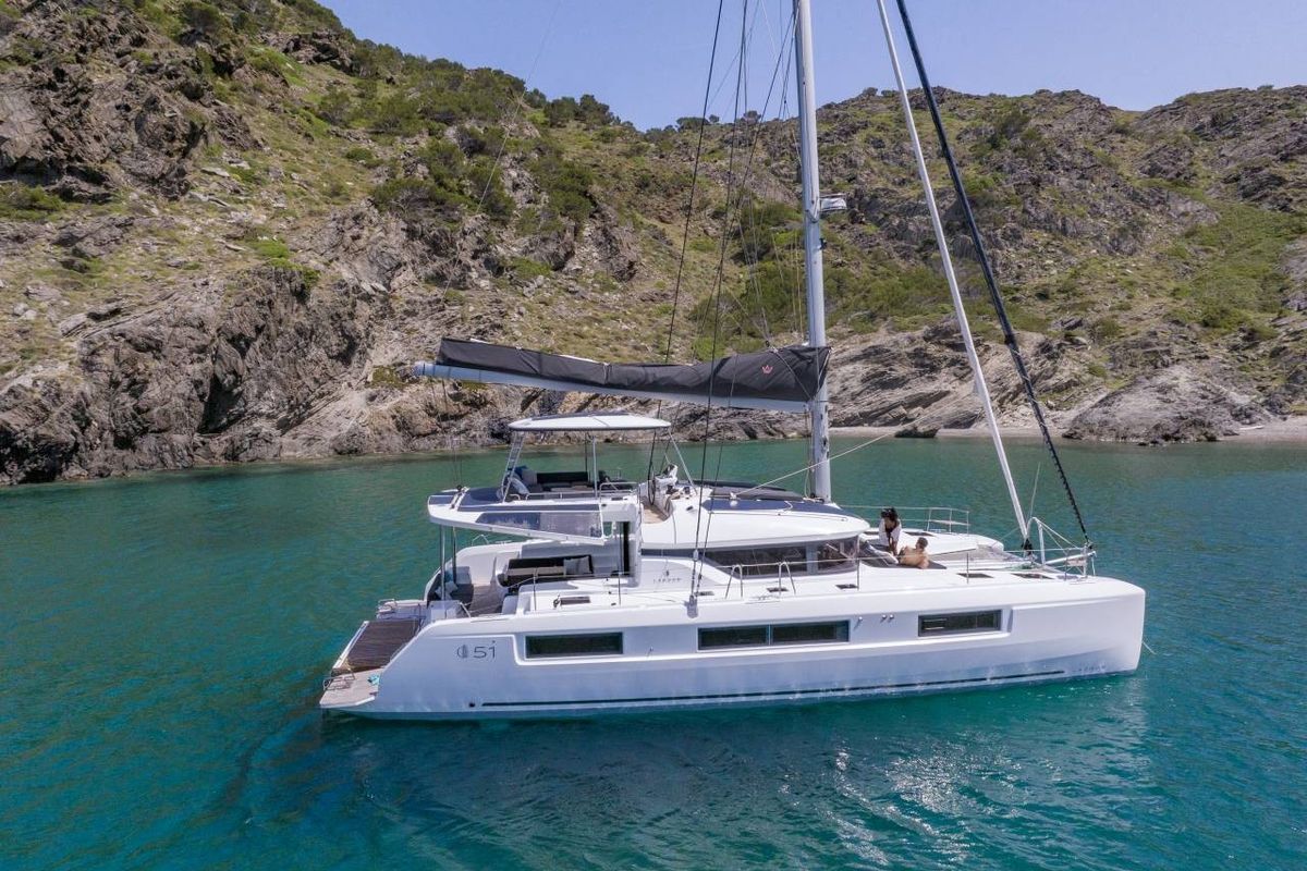 Exterior view of Nowo, a Lagoon 51 catamaran at Eden Island Marina, Seychelles