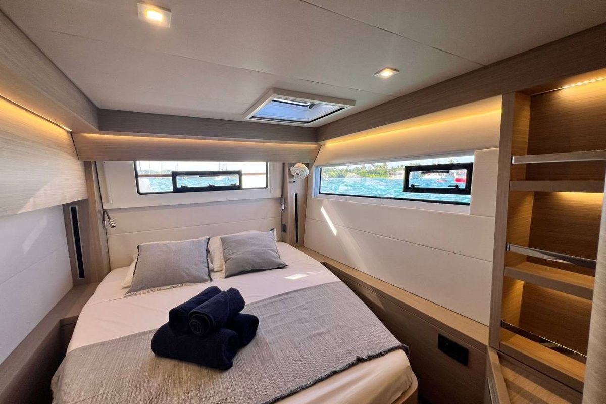 Cabin on Nowo, a Lagoon 51 catamaran at Eden Island Marina, Seychelles