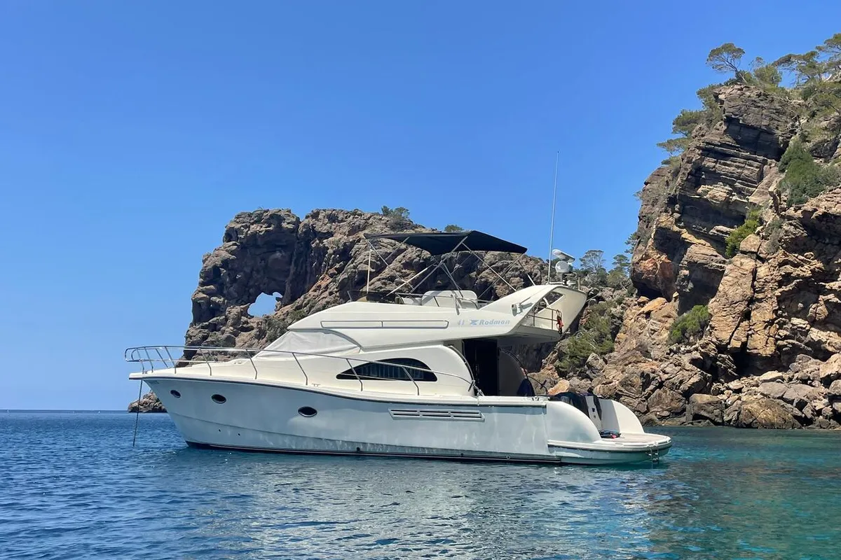 Exterior view of Emily Grace II, a Rodman 41 Fly yacht at Port d'Andratx, Spain