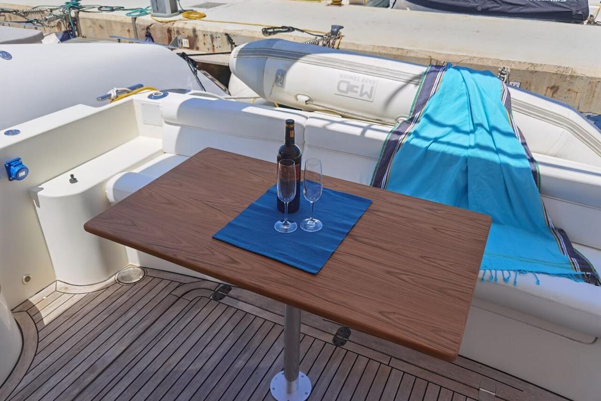 Deck of Emily Grace II, a Rodman 41 Fly yacht at Port d'Andratx, Spain