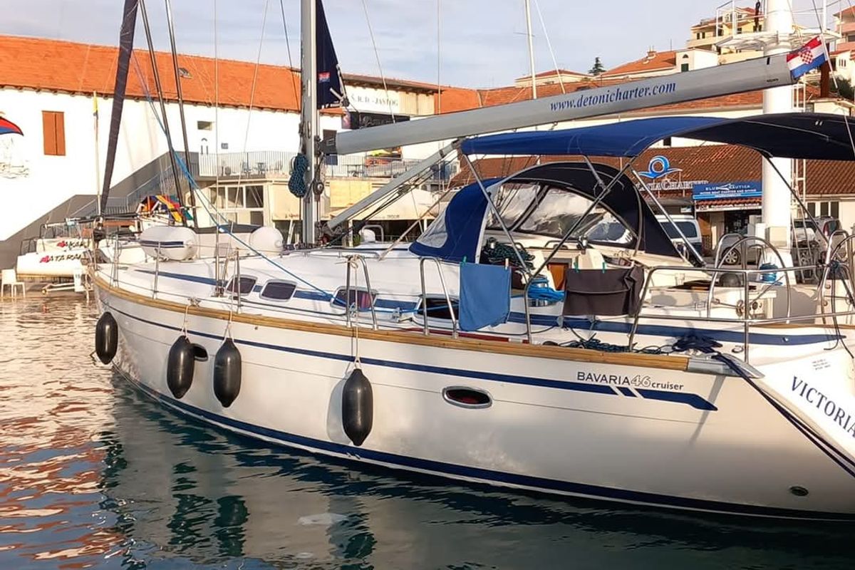 Exterior view of Prestige M48, a Bavaria 46 Cruiser sailboat at Grad Trogir, Croatia