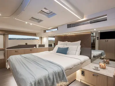 Cabin on Prestige M48, a Prestige M48 catamaran at Capo d'Orlando, Italy