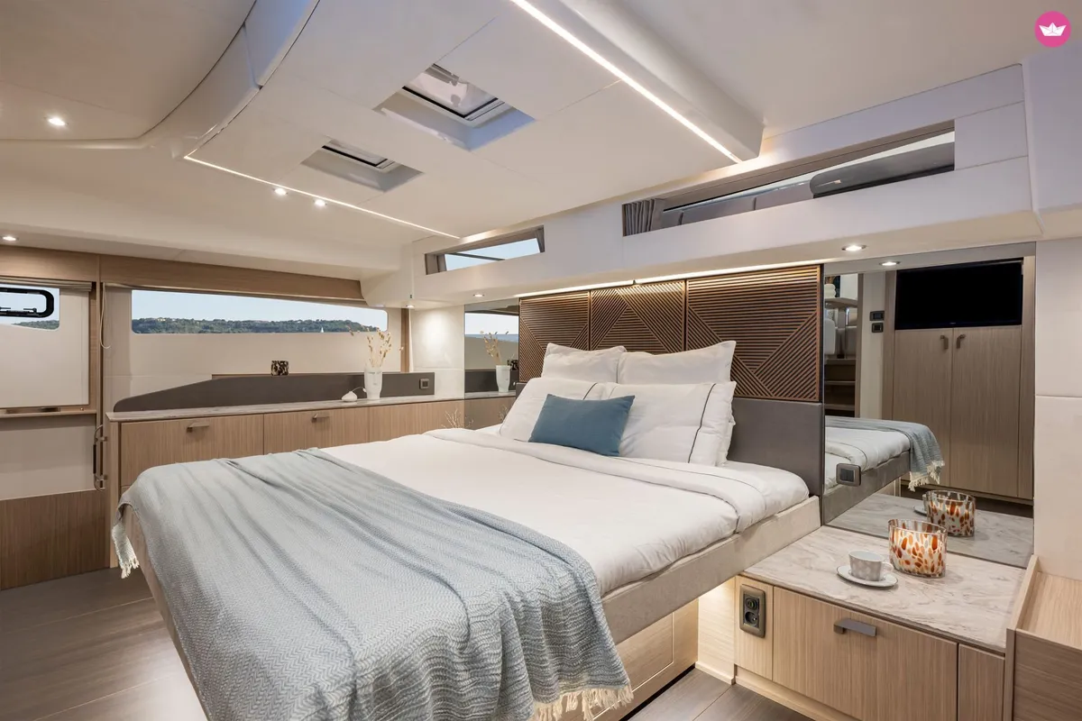 Cabin on Prestige M48, a Prestige M48 catamaran at Capo d'Orlando, Italy