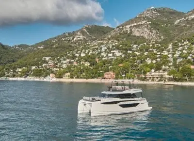 Exterior view of Prestige M48, a Prestige M48 catamaran at Capo d'Orlando, Italy