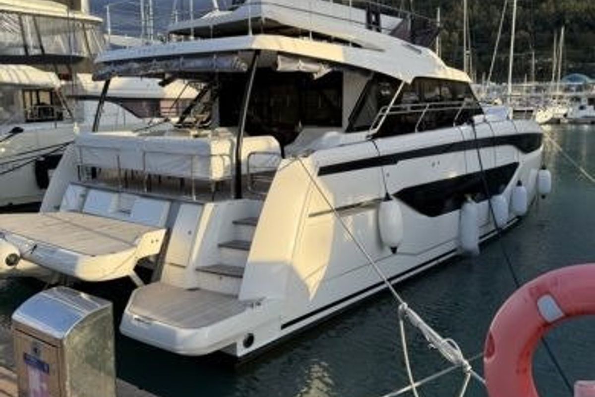 Exterior view of Prestige M48, a Prestige M48 catamaran at Capo d'Orlando, Italy