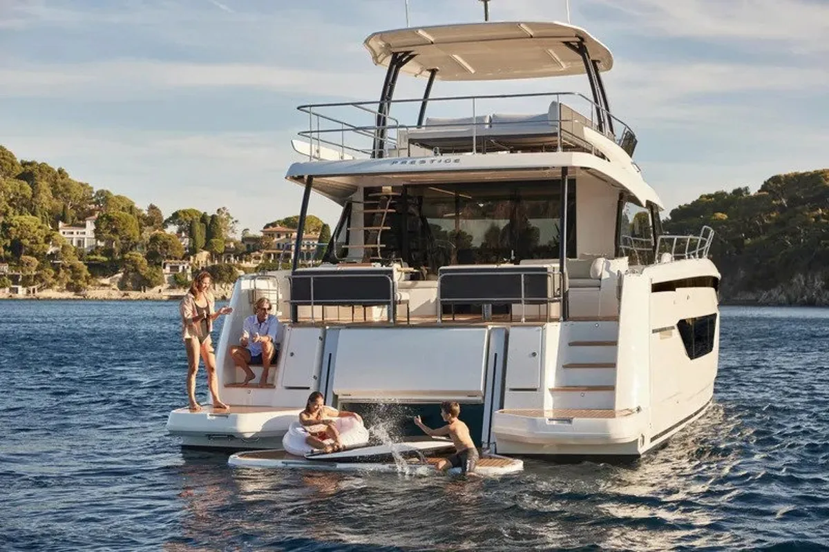 Exterior view of Prestige M48, a Prestige M48 catamaran at Capo d'Orlando, Italy