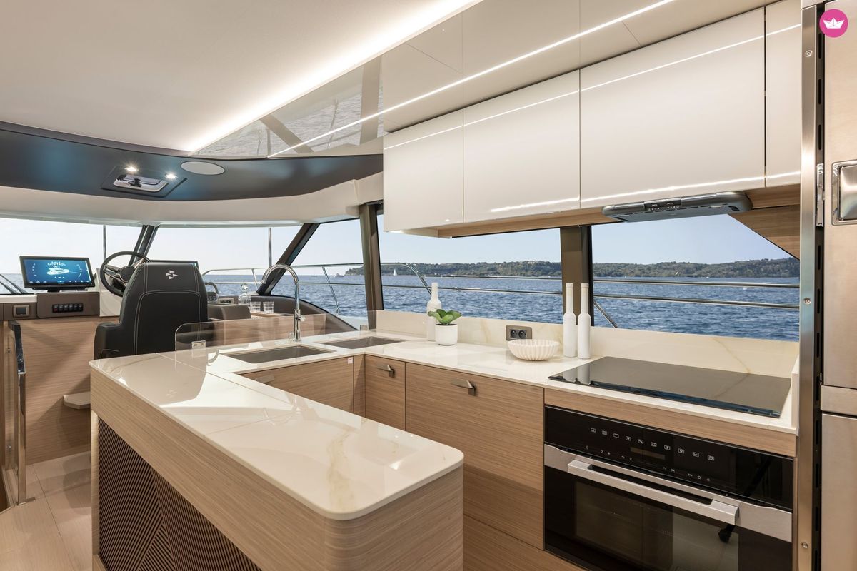 Galley of Prestige M48, a Prestige M48 catamaran at Capo d'Orlando, Italy