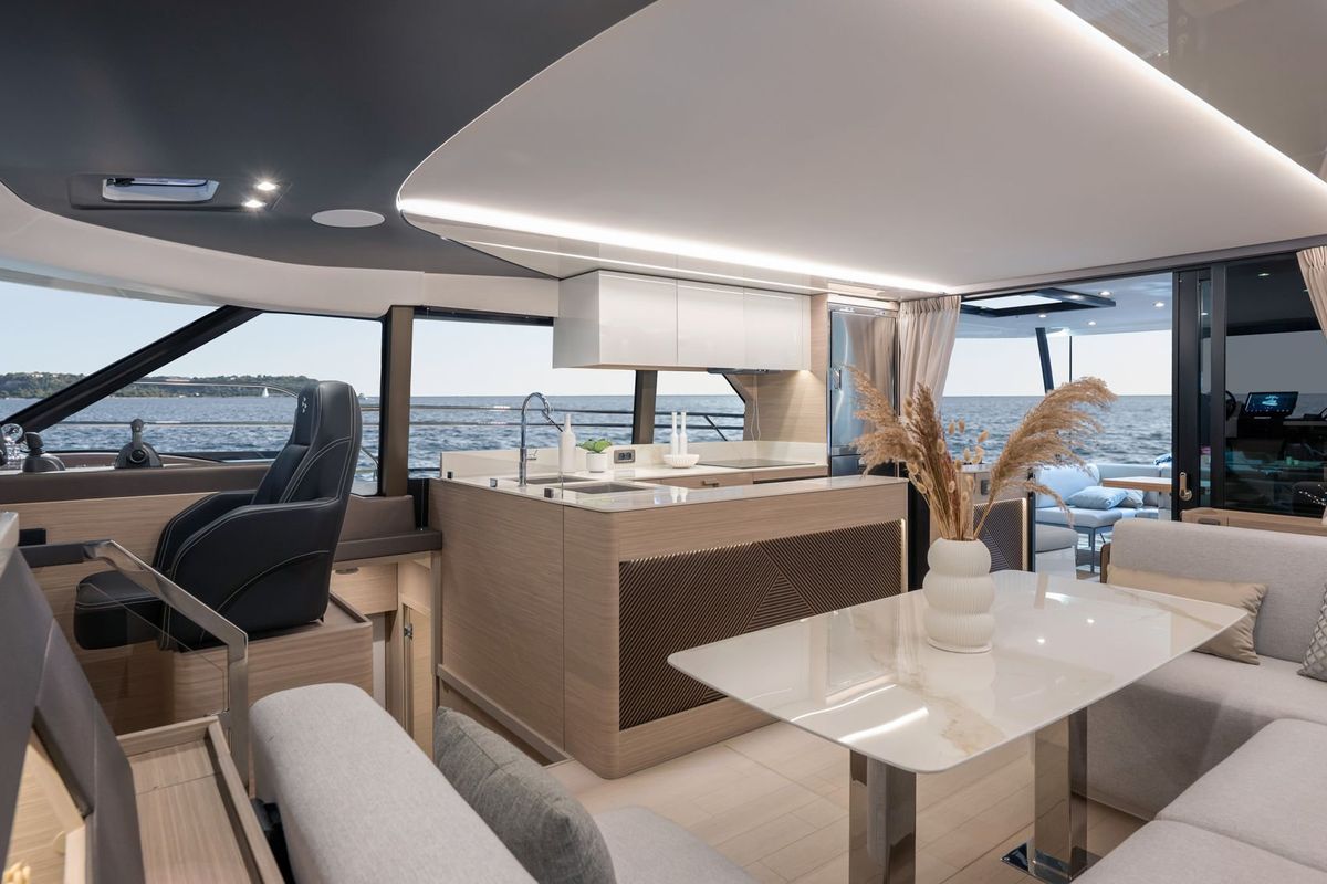 Salon of Prestige M48, a Prestige M48 catamaran at Capo d'Orlando, Italy