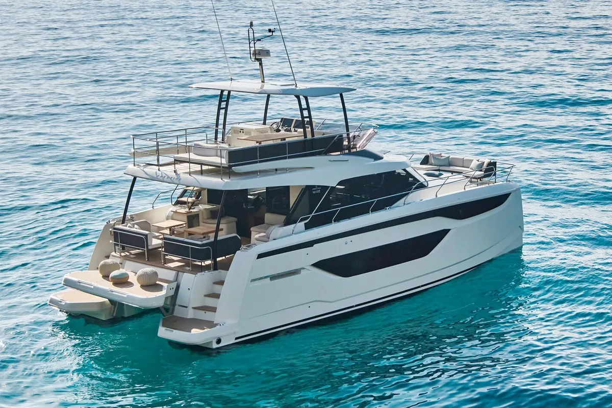 Exterior view of Prestige M48, a Prestige M48 catamaran at Capo d'Orlando, Italy