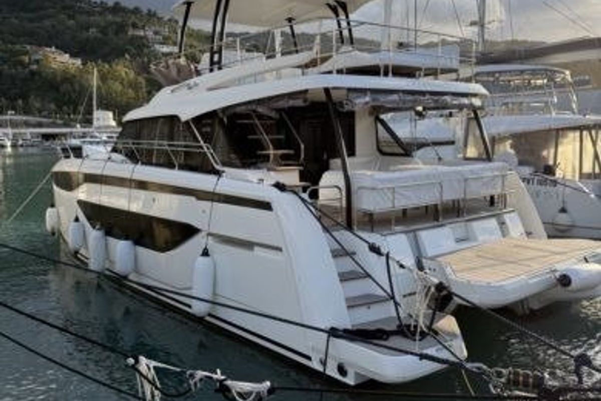 Exterior view of Prestige M48, a Prestige M48 catamaran at Capo d'Orlando, Italy