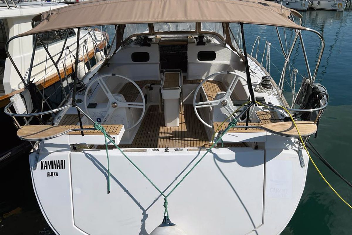 Exterior view of Kaminari, a Elan Impression 45 sailboat at Punat, Croatia