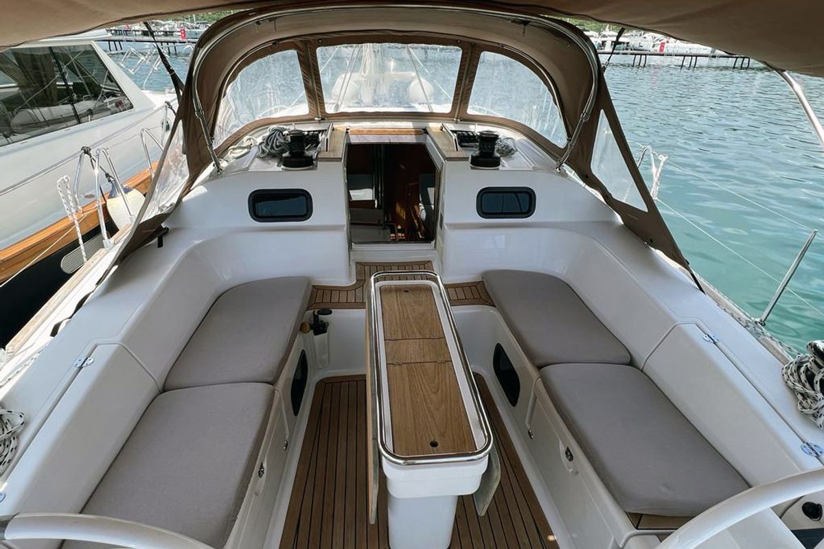 Deck of Kaminari, a Elan Impression 45 sailboat at Punat, Croatia