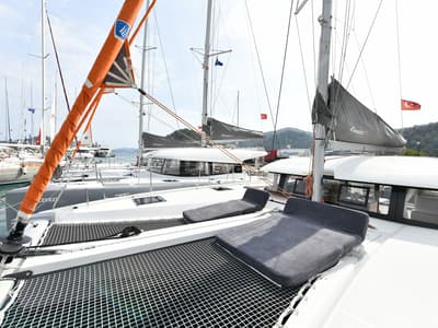 Deck of Patara, a Excess 11 - 4 + 1 + 1 cab. catamaran at Fethiye, Turkey
