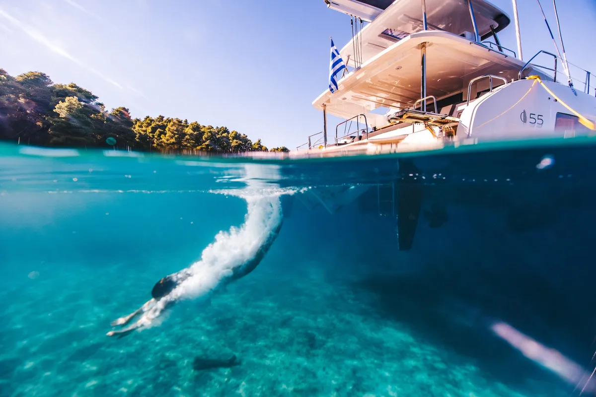 Exterior view of HUMBLE ONE, a Lagoon 55 catamaran at Municipal Unit of Lefkada, Greece