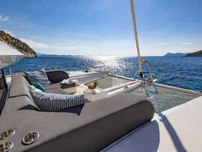 Deck of HUMBLE ONE, a Lagoon 55 catamaran at Municipal Unit of Lefkada, Greece