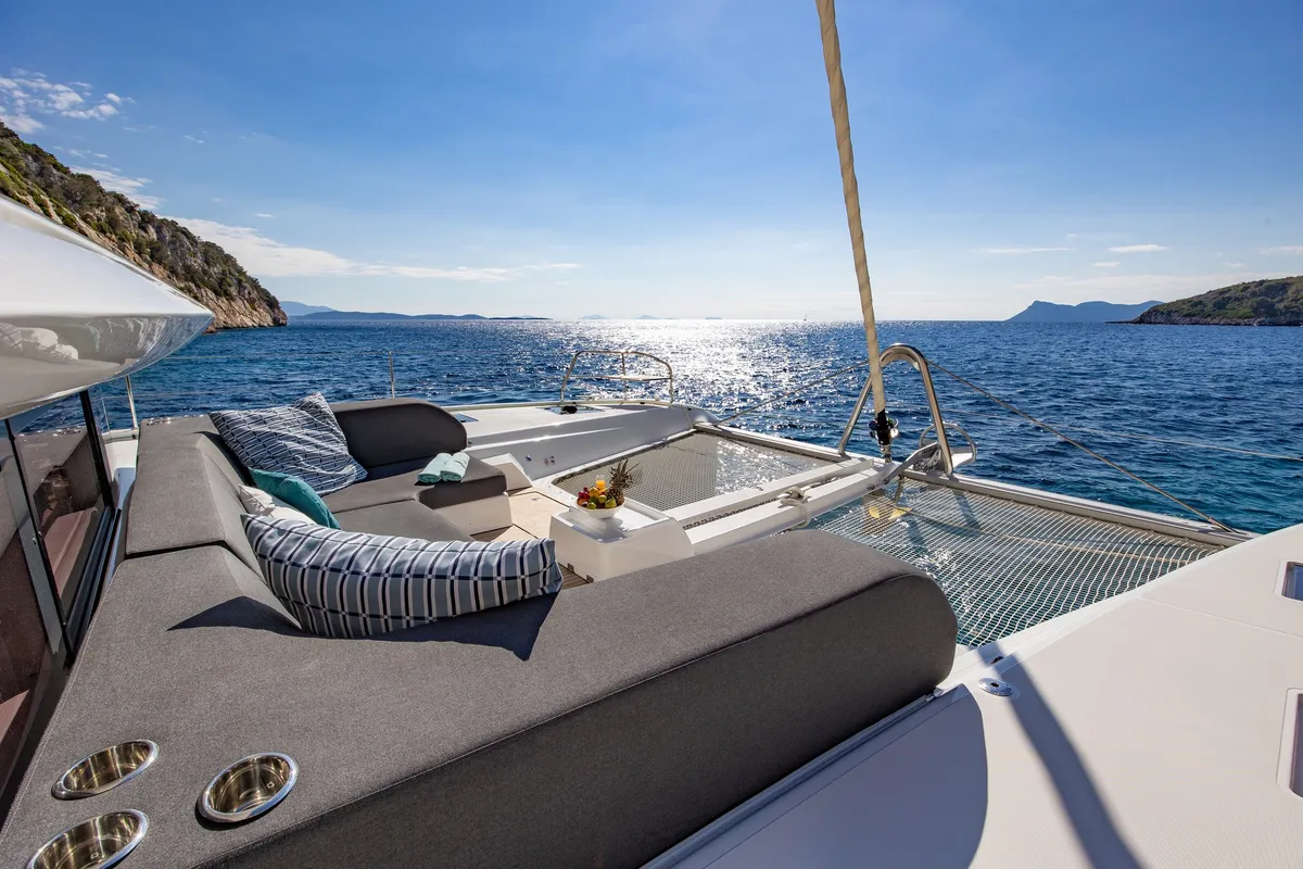 Deck of HUMBLE ONE, a Lagoon 55 catamaran at Municipal Unit of Lefkada, Greece