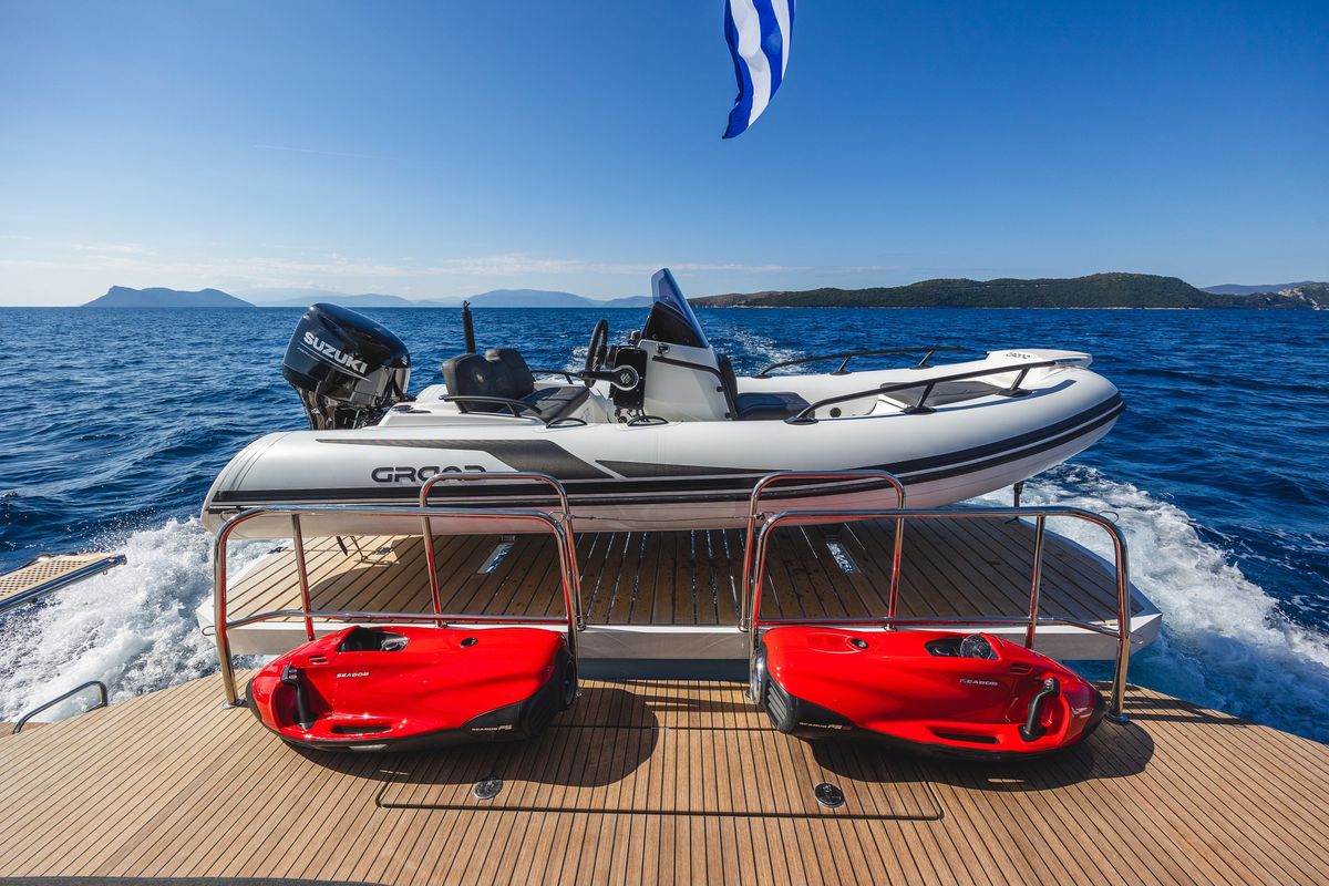 Deck of HUMBLE ONE, a Lagoon 55 catamaran at Municipal Unit of Lefkada, Greece