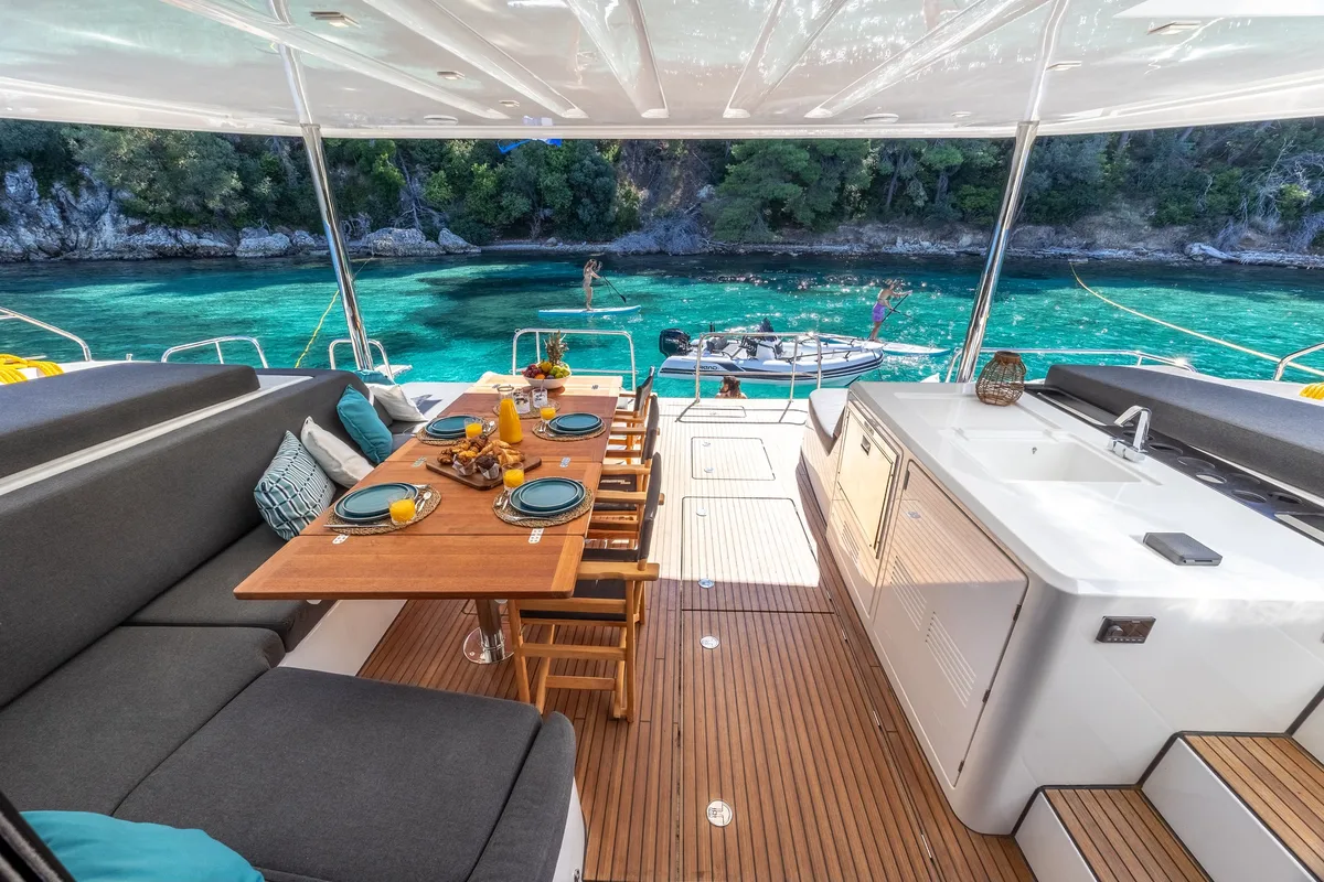 Deck of HUMBLE ONE, a Lagoon 55 catamaran at Municipal Unit of Lefkada, Greece