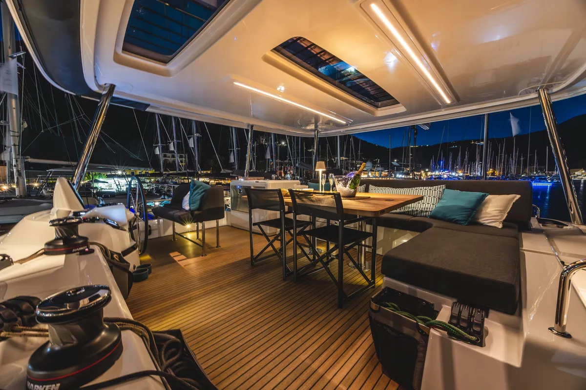 Deck of HUMBLE ONE, a Lagoon 55 catamaran at Municipal Unit of Lefkada, Greece