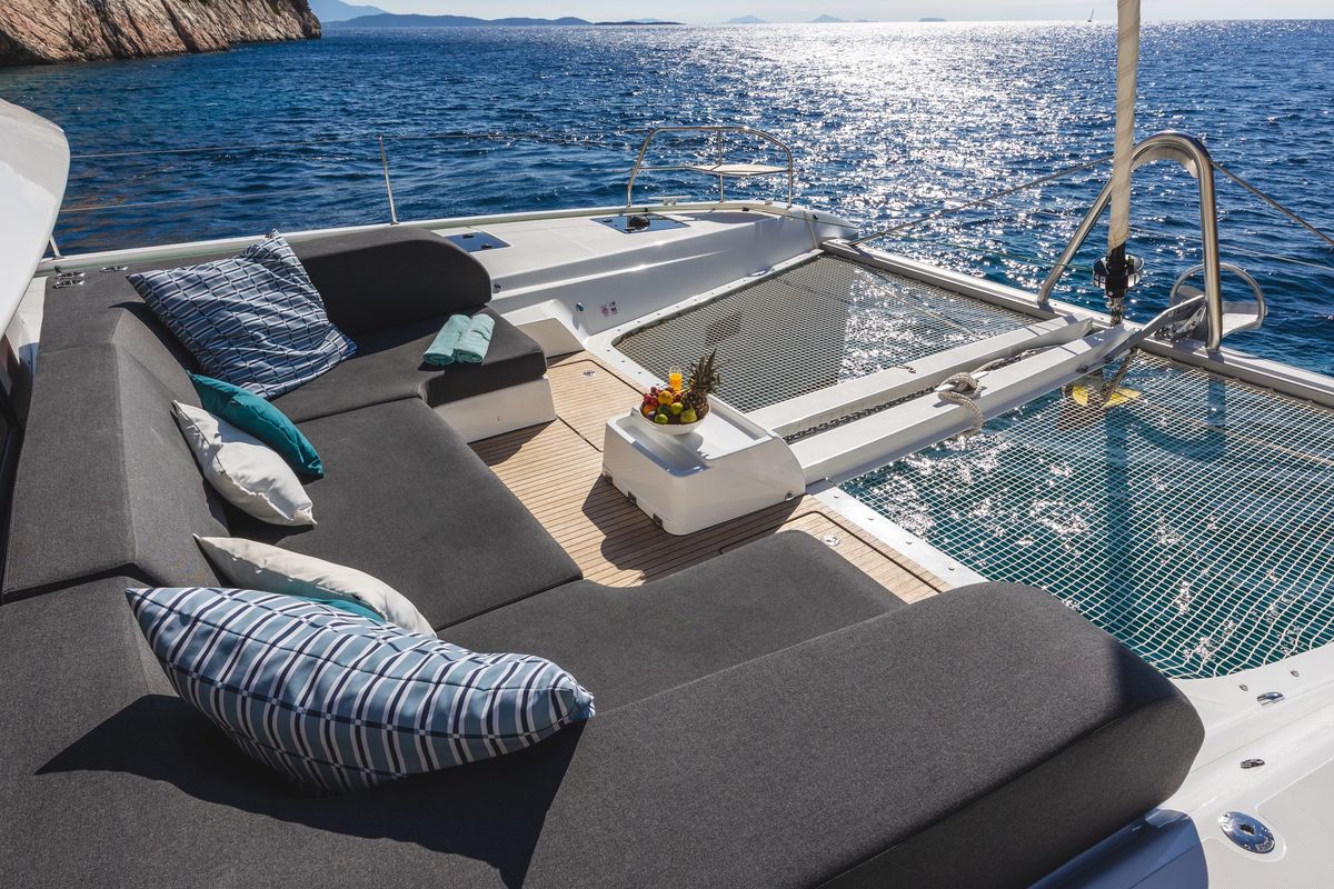 Deck of HUMBLE ONE, a Lagoon 55 catamaran at Municipal Unit of Lefkada, Greece