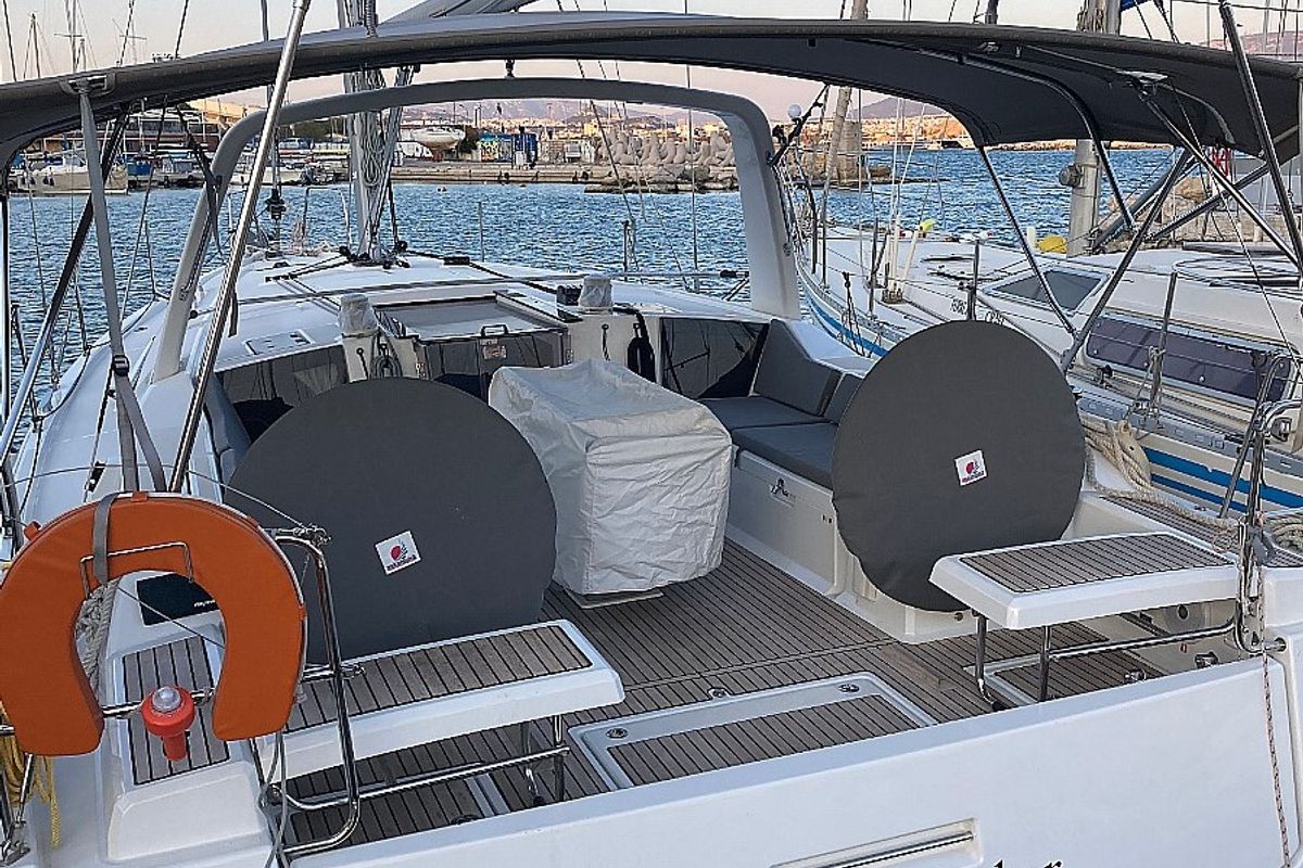 Deck of Salt Shaker, a Beneteau Oceanis 41.1 sailboat at Kos, Greece