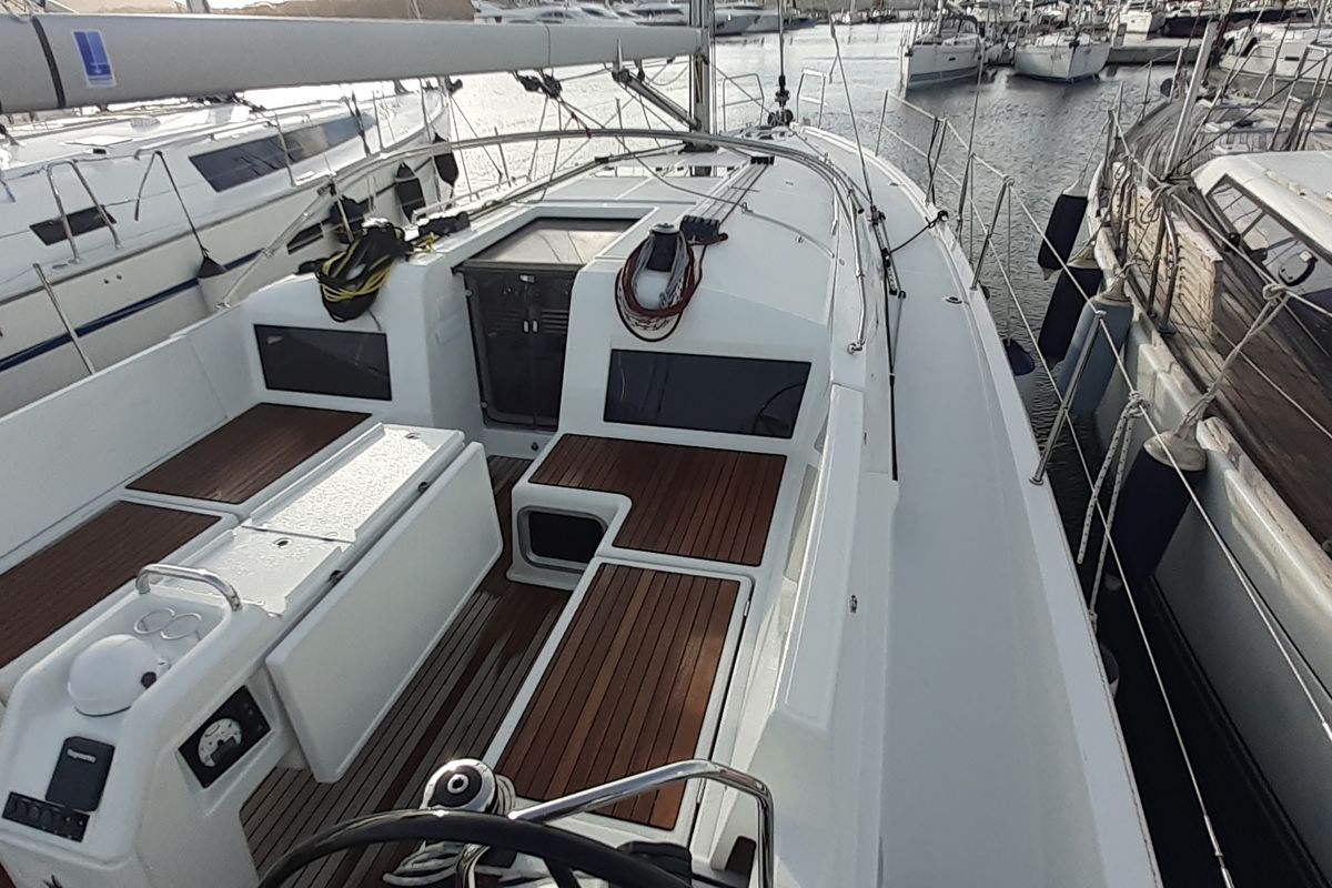 Deck of Silvana D, a Jeanneau Sun Odyssey 440 sailboat at Olbia, Italy