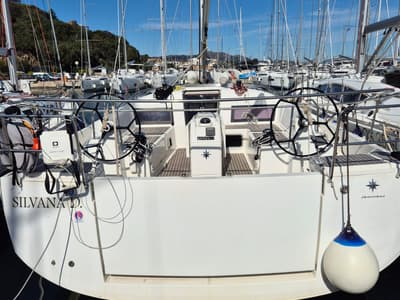 Cockpit of Silvana D, a Jeanneau Sun Odyssey 440 sailboat at Olbia, Italy