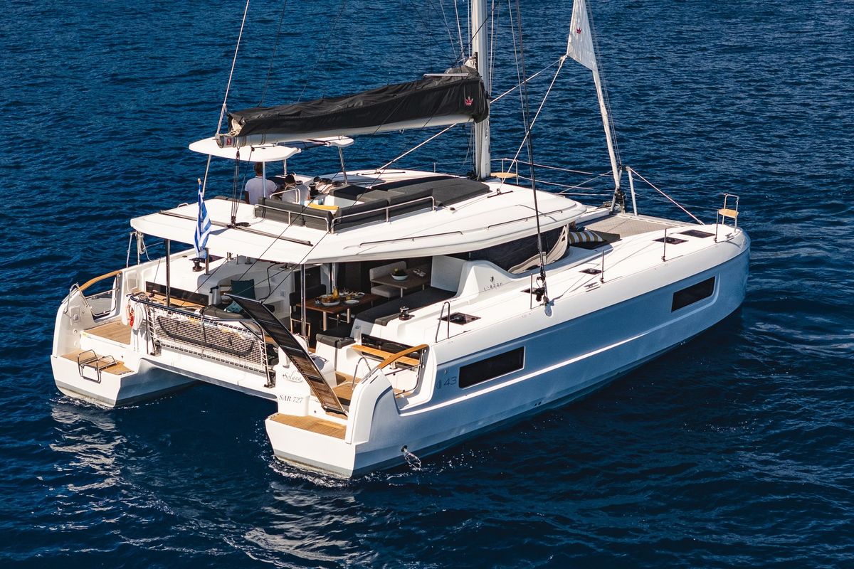 Exterior view of Solana, a Lagoon 43 catamaran at Municipal Unit of Lefkada, Greece